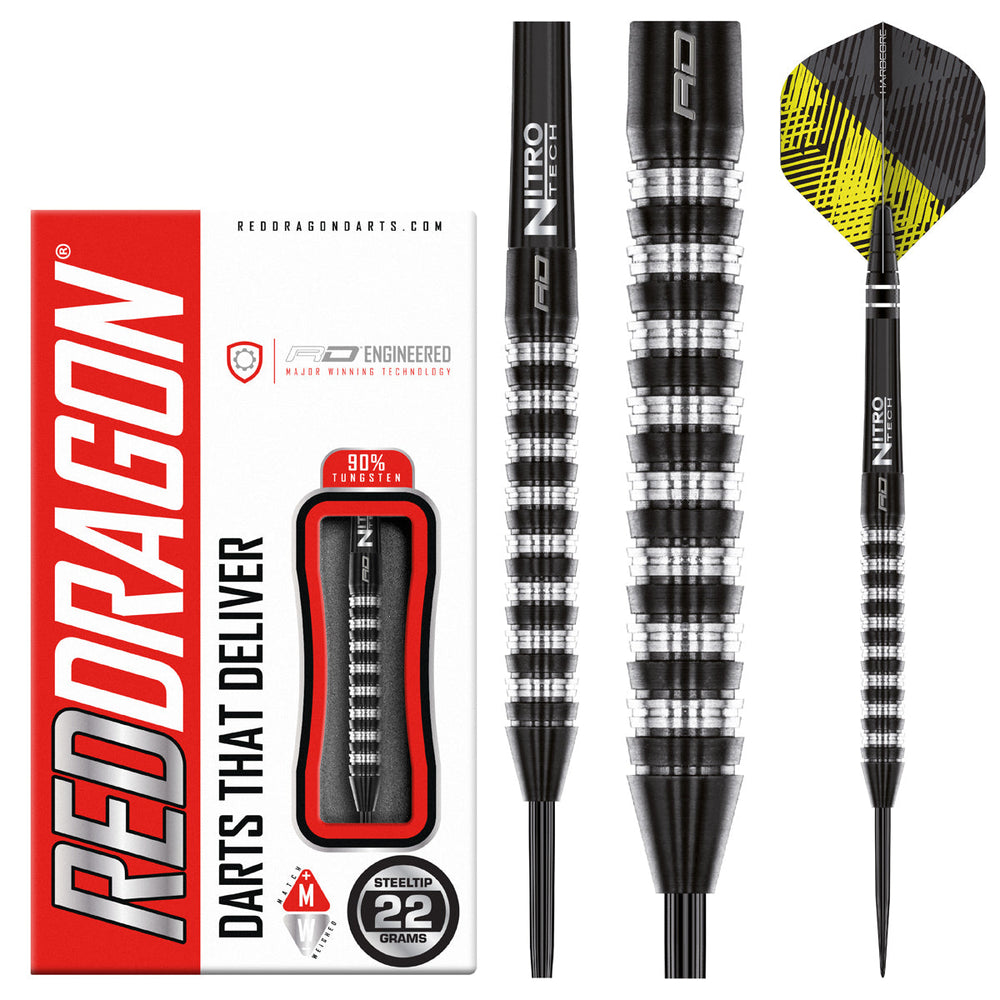 Red Dragon Razor Edge Elite Steel Tip Darts 90% Tungsten — dart, barrel detail and packaging