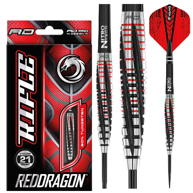 Red Dragon Rifle Steel Tip Darts 90% Tungsten — dart, barrel detail and packaging