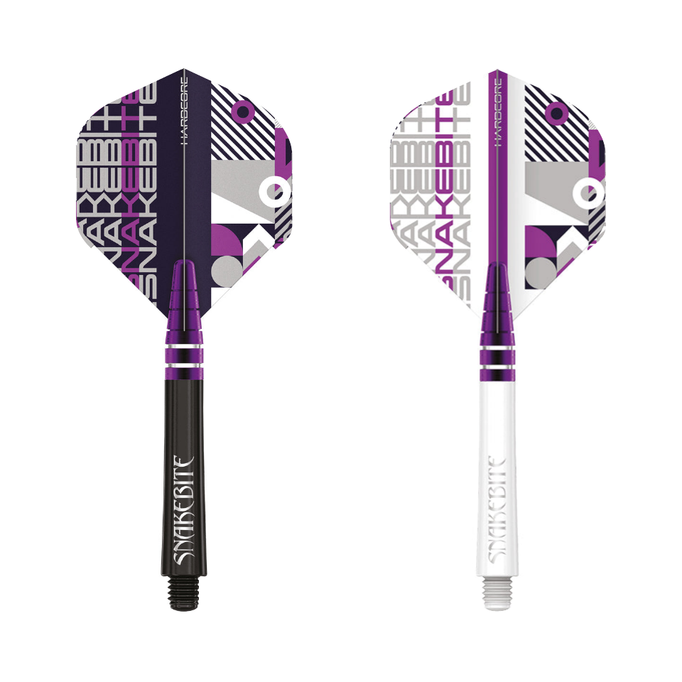 Snakebite Flight and Shaft Combo in Black/Purple and White/Purple; one complete assembly per offered colour option shown on white. Colour options sold separately as the listed multipacks.