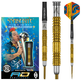 Red Dragon Snakebite Gold Special Edition Steel Tip Darts 85% — dart, barrel detail and packaging