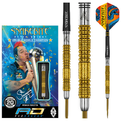 Red Dragon Snakebite Gold Special Edition Steel Tip Darts 85% — dart, barrel detail and packaging
