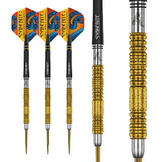 Red Dragon Snakebite Gold Special Edition Steel Tip Darts 85% — three darts and barrel close-up