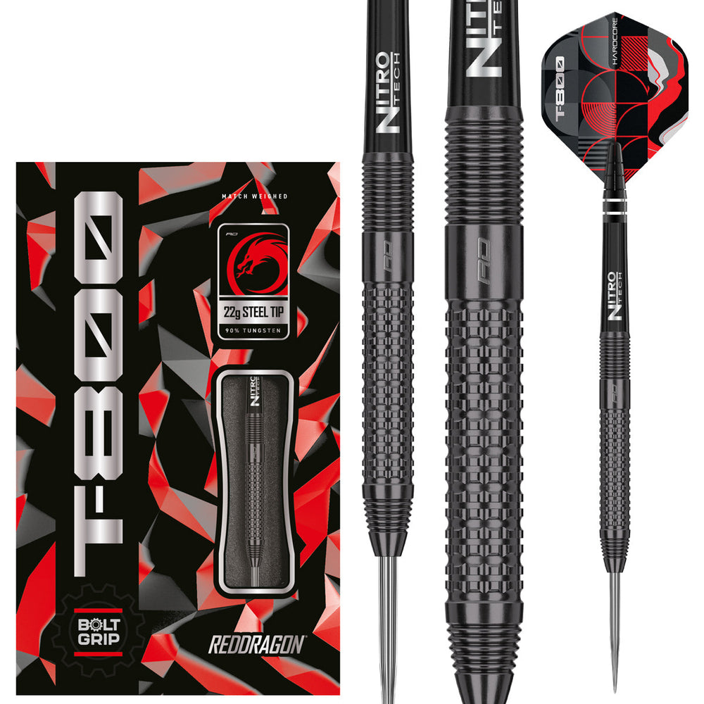 Red Dragon T 800 Steel Tip Darts 90% Tungsten — dart, barrel detail and packaging