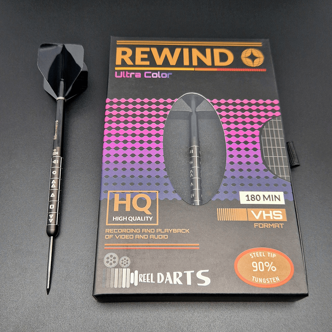 Reel Rewind Steel Tip Darts 90% Tungsten — dart and packaging