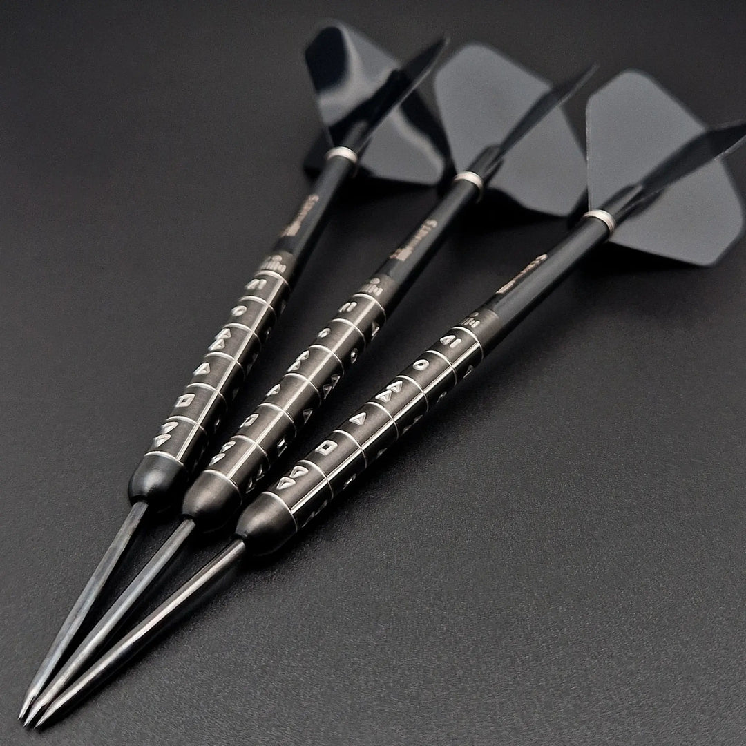 Reel Rewind Steel Tip Darts 90% Tungsten — three assembled darts