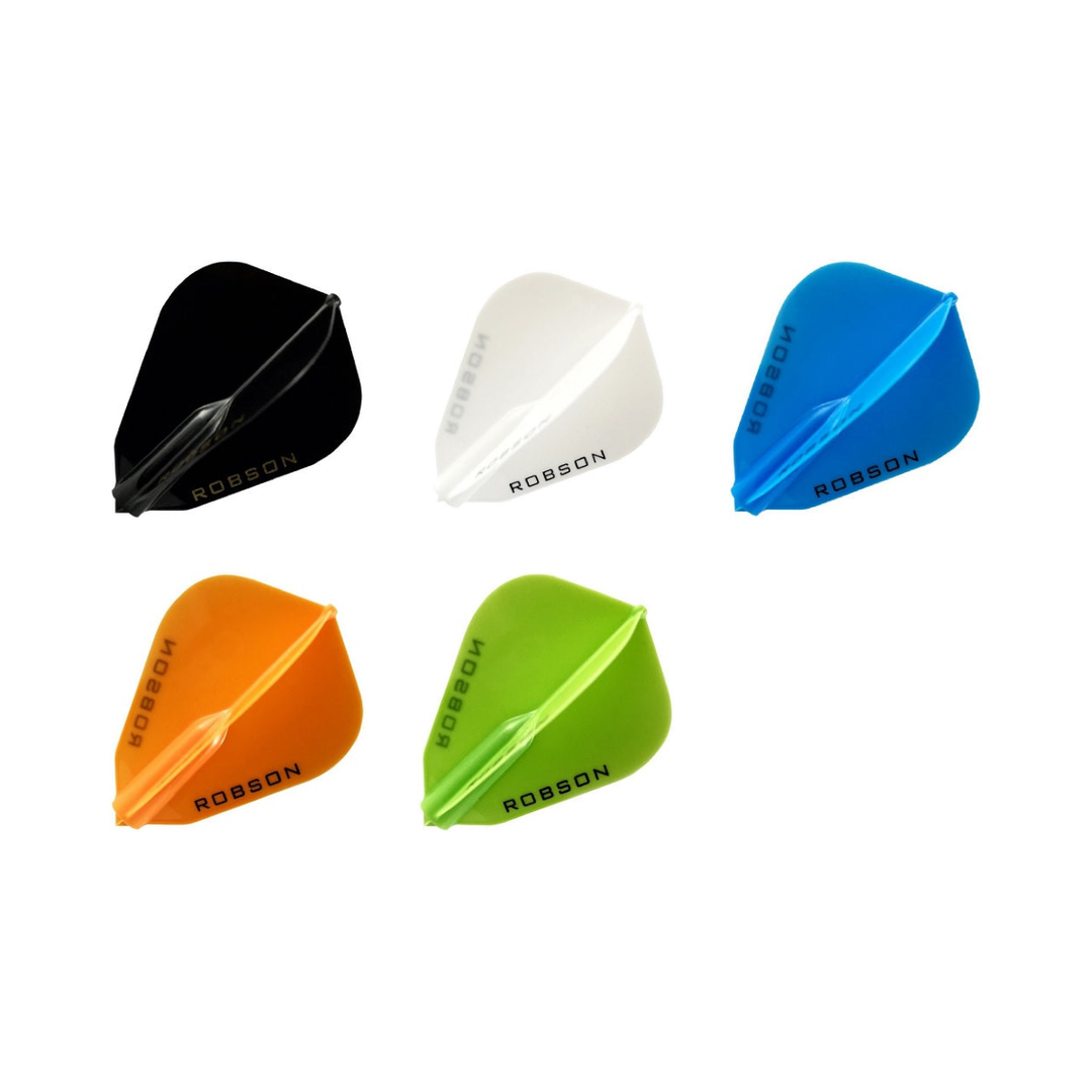 Robson - Plus Flight F Shape in Black, White, Blue, Orange, Green; one of each colour shown, matching-colour packs sold separately.