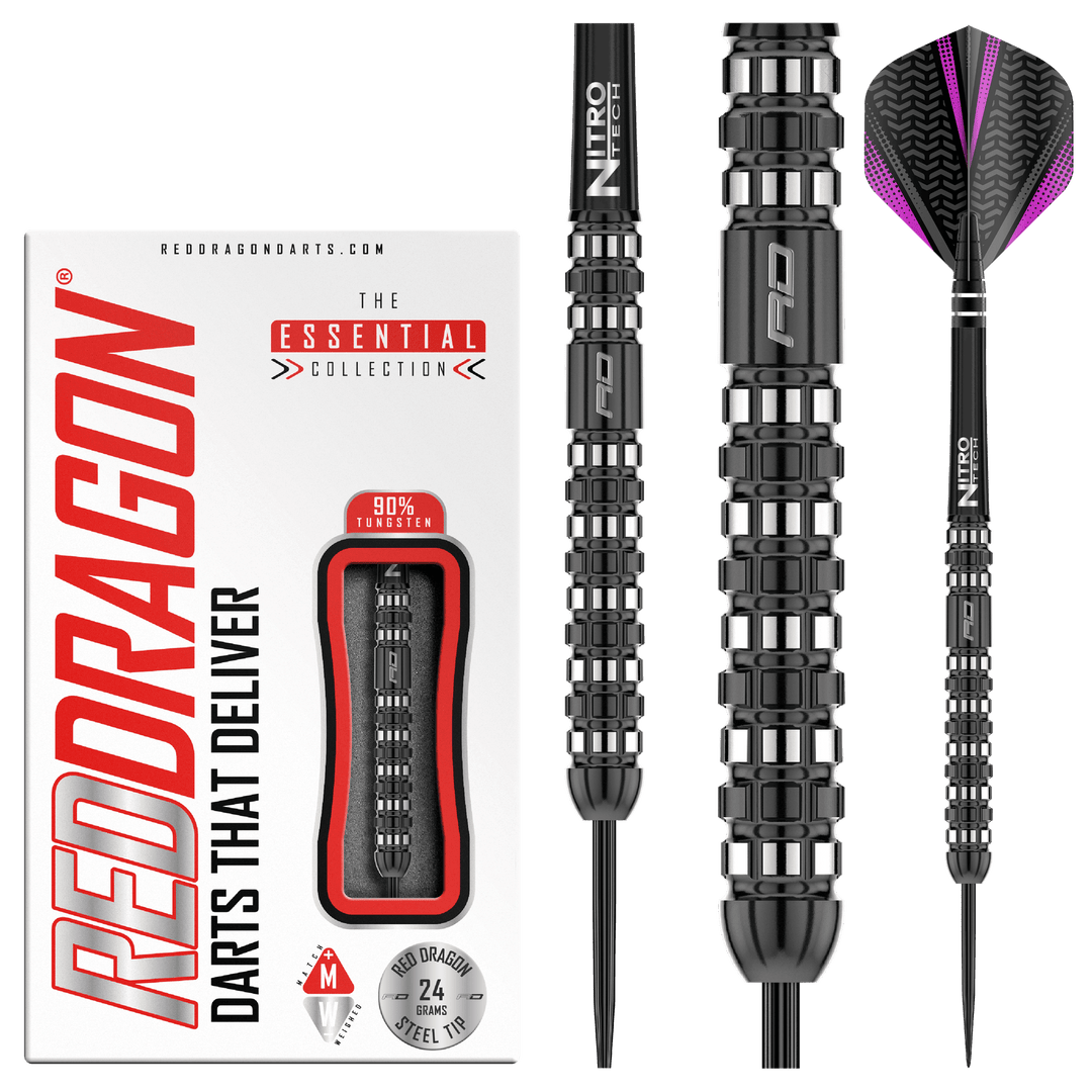 Red Dragon Rogue Steel Tip Darts 90% Tungsten — dart, barrel detail and packaging