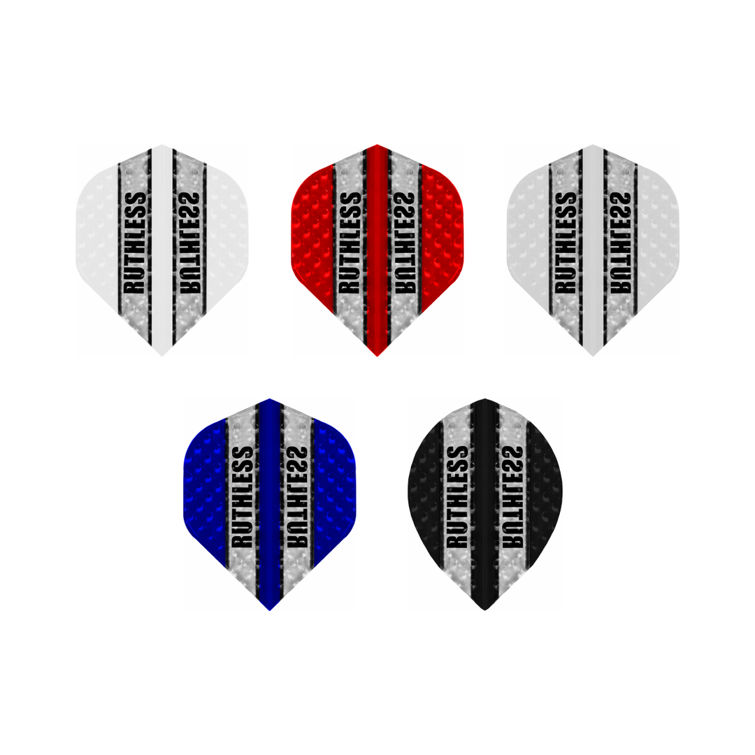 Ruthless Embossed Flights in White, Red, Clear, Blue, Black; one of each colour shown, matching-colour packs sold separately.