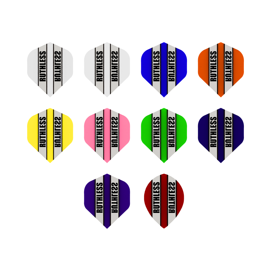 Ruthless Plain Flights in White, Clear, Blue, Orange, Yellow, Pink, Green, Dark blue, Purple, Red; one of each colour shown, matching-colour packs sold separately.