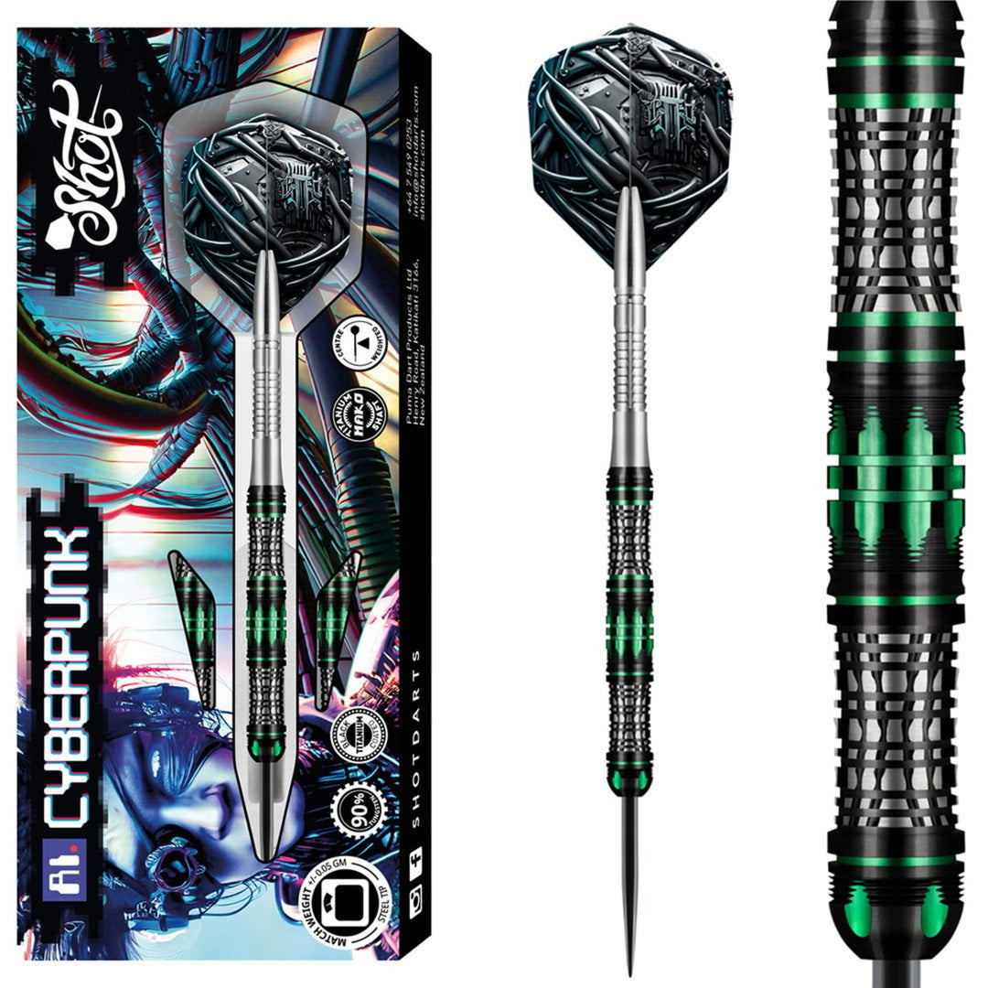 Shot Ai Cyberpunk 23G Steel Tip Darts 90% Tungsten — dart, barrel detail and packaging