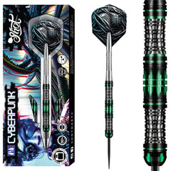 Shot Ai Cyberpunk 23G Steel Tip Darts 90% Tungsten — dart, barrel detail and packaging