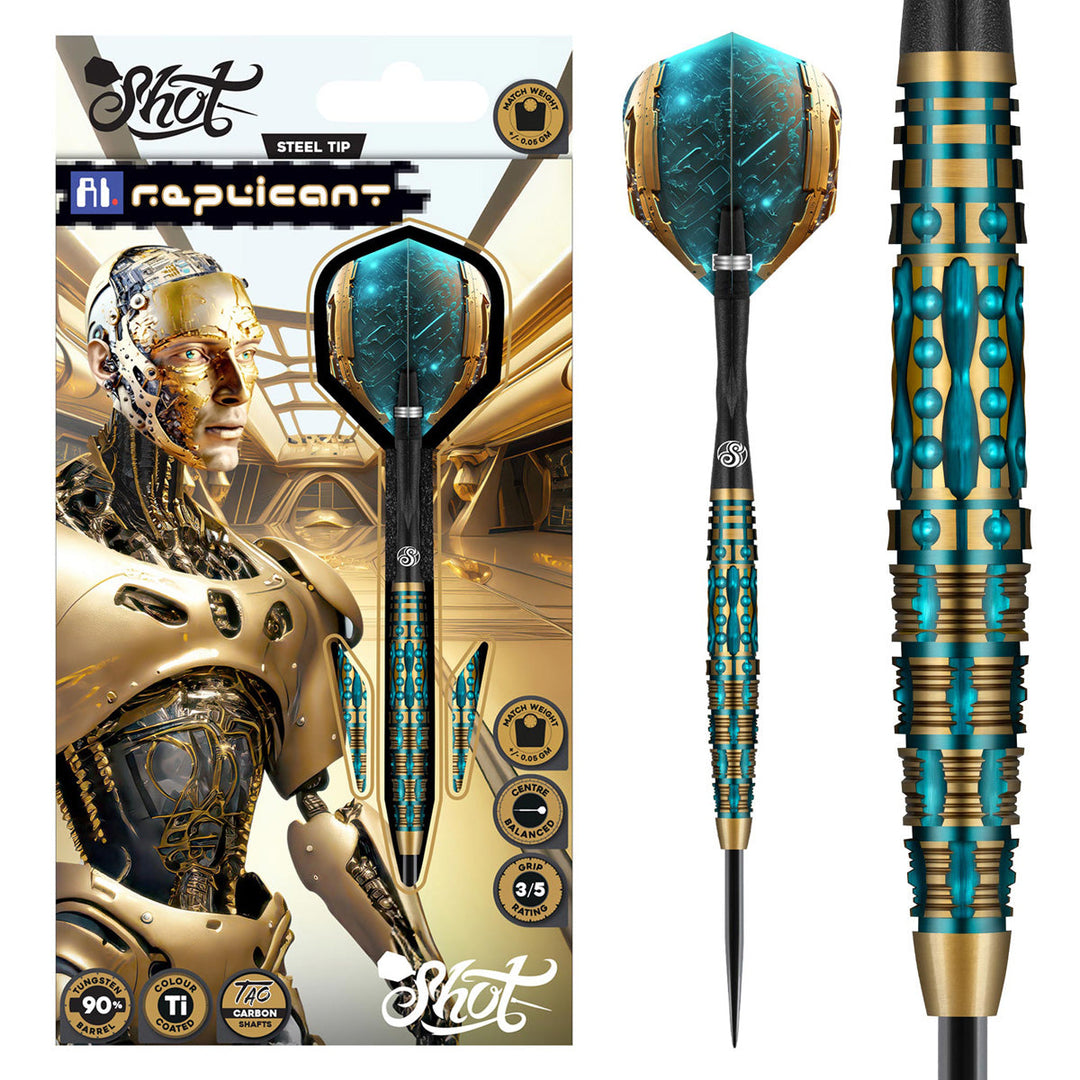 Shot AI Replicant Steel Tip Darts 90% Tungsten — dart, barrel detail and packaging
