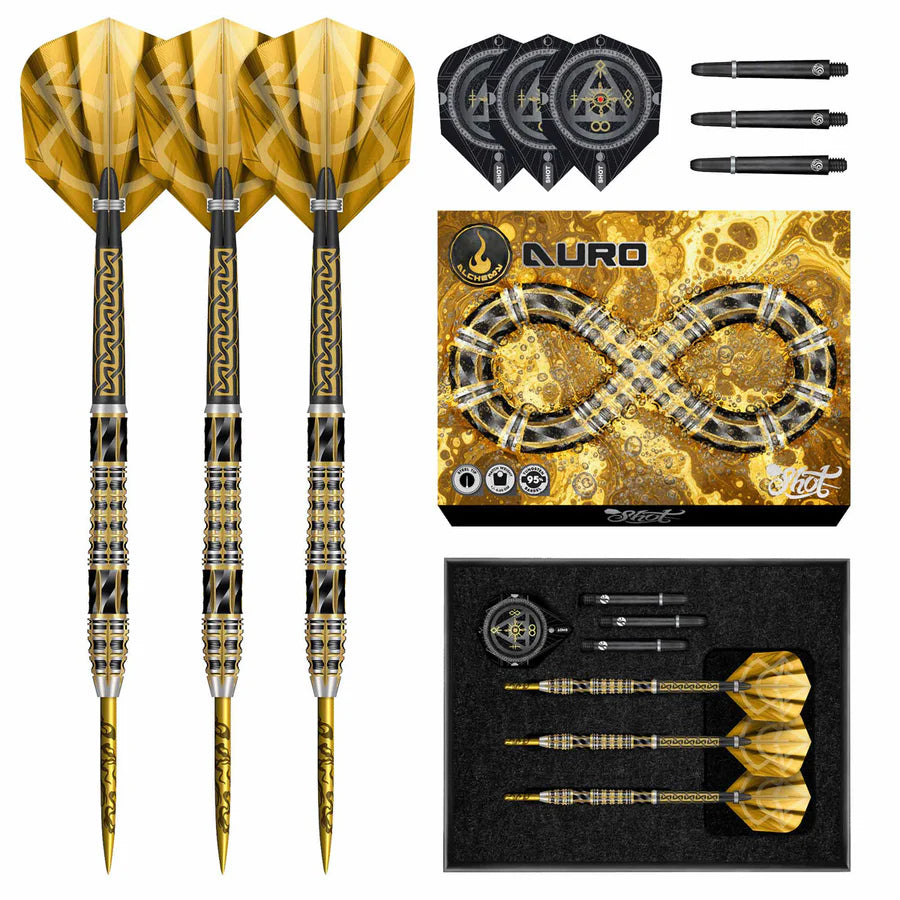 Alchemy Auro Steel Tip Darts - 95% Tungsten — three barrel close-ups