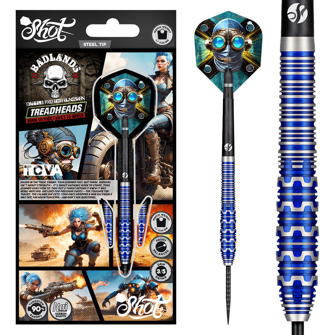 Shot Badlands Tova Steel Tip Darts 90% Tungsten — dart, barrel detail and packaging