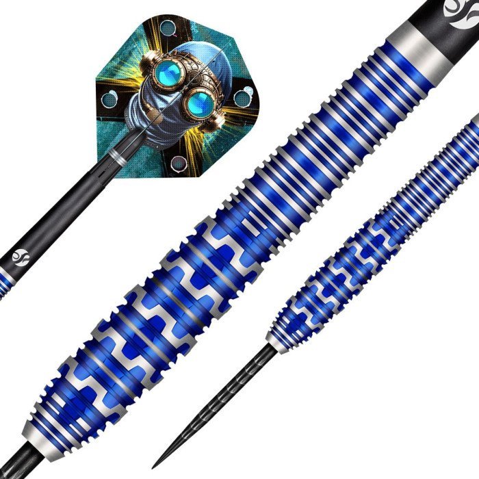 Badlands Tova Steel Tip Darts – blue barrel close-up and patterned flight