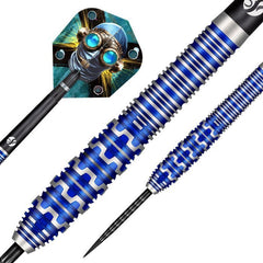 Badlands Tova Steel Tip Darts – blue barrel close-up and patterned flight
