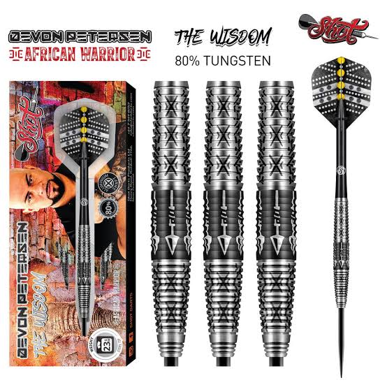 Shot Devon Petersen 'The Wisdom' Steel Tip Darts 80% Tungsten — set contents and packaging