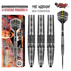 Shot Devon Petersen 'The Wisdom' Steel Tip Darts 80% Tungsten — set contents and packaging