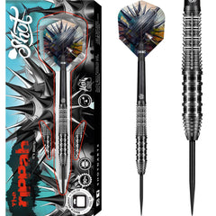 Shot Gnarley Rippah Steel Tip Darts 90% Tungsten — dart, barrel detail and packaging