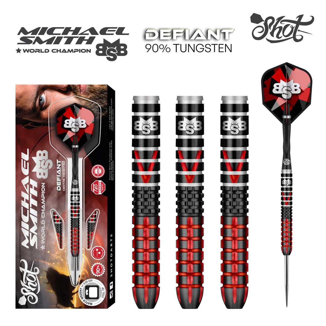 Shot Michael Smith Defiant Steel Tip Darts 90% Tungsten — set contents and packaging