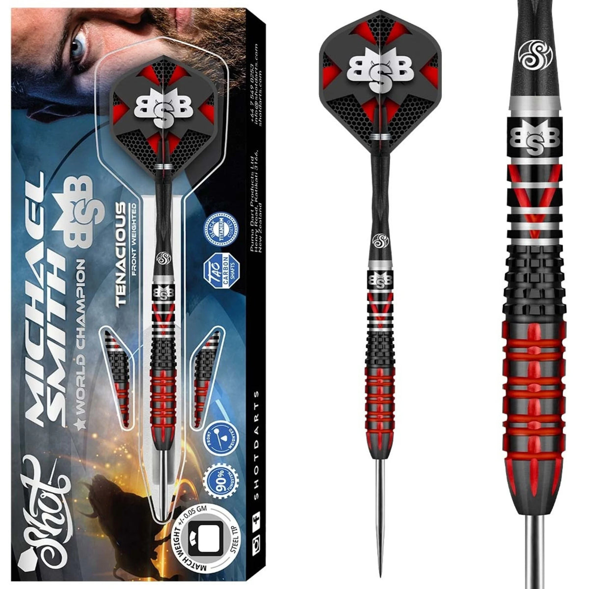 Shot - Michael Smith Tenacious Darts Steel Tip Darts - 90% — three barrel close-ups