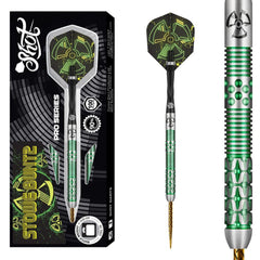 Shot Stowe Buntz 2.0 Steel Tip Darts 90% Tungsten — dart, barrel detail and packaging