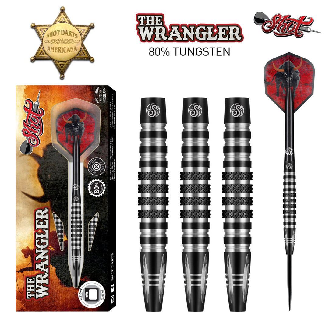 Shot The Wrangler Steel Tip Darts 80% Tungsten — set contents and packaging