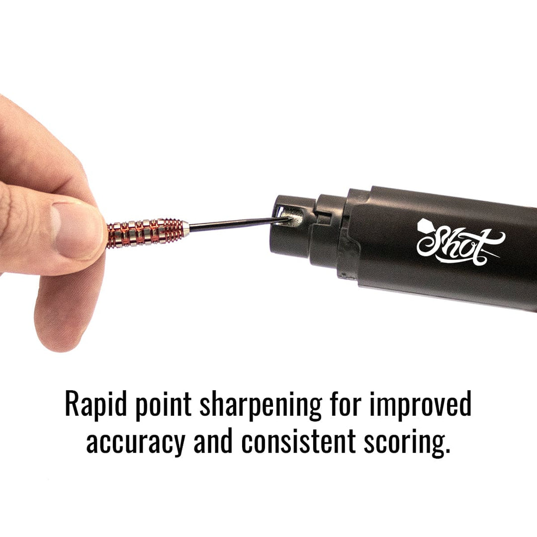 Shot Turbo Dart Sharpener — sharpener being used on a dart point
