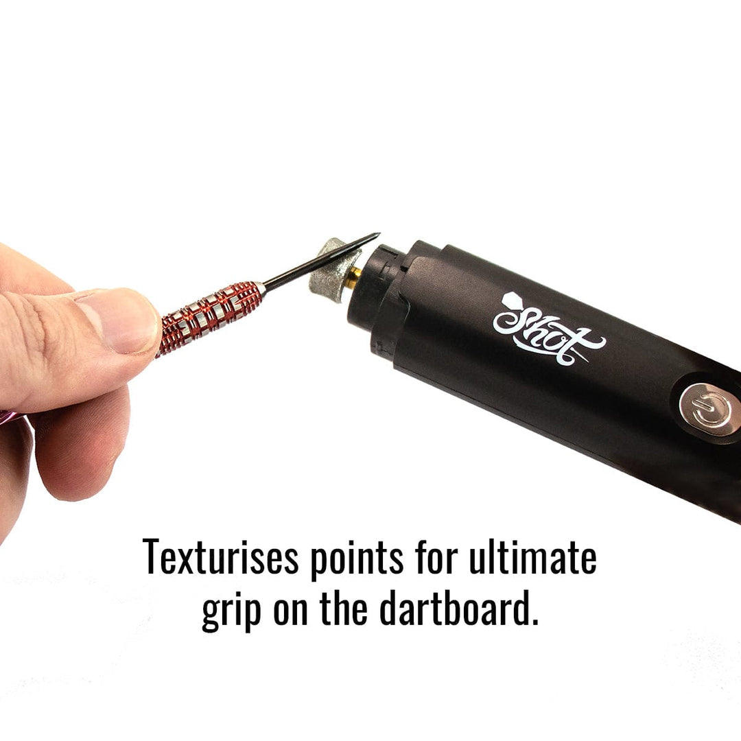 Shot Turbo Dart Sharpener — sharpener being used on a dart point
