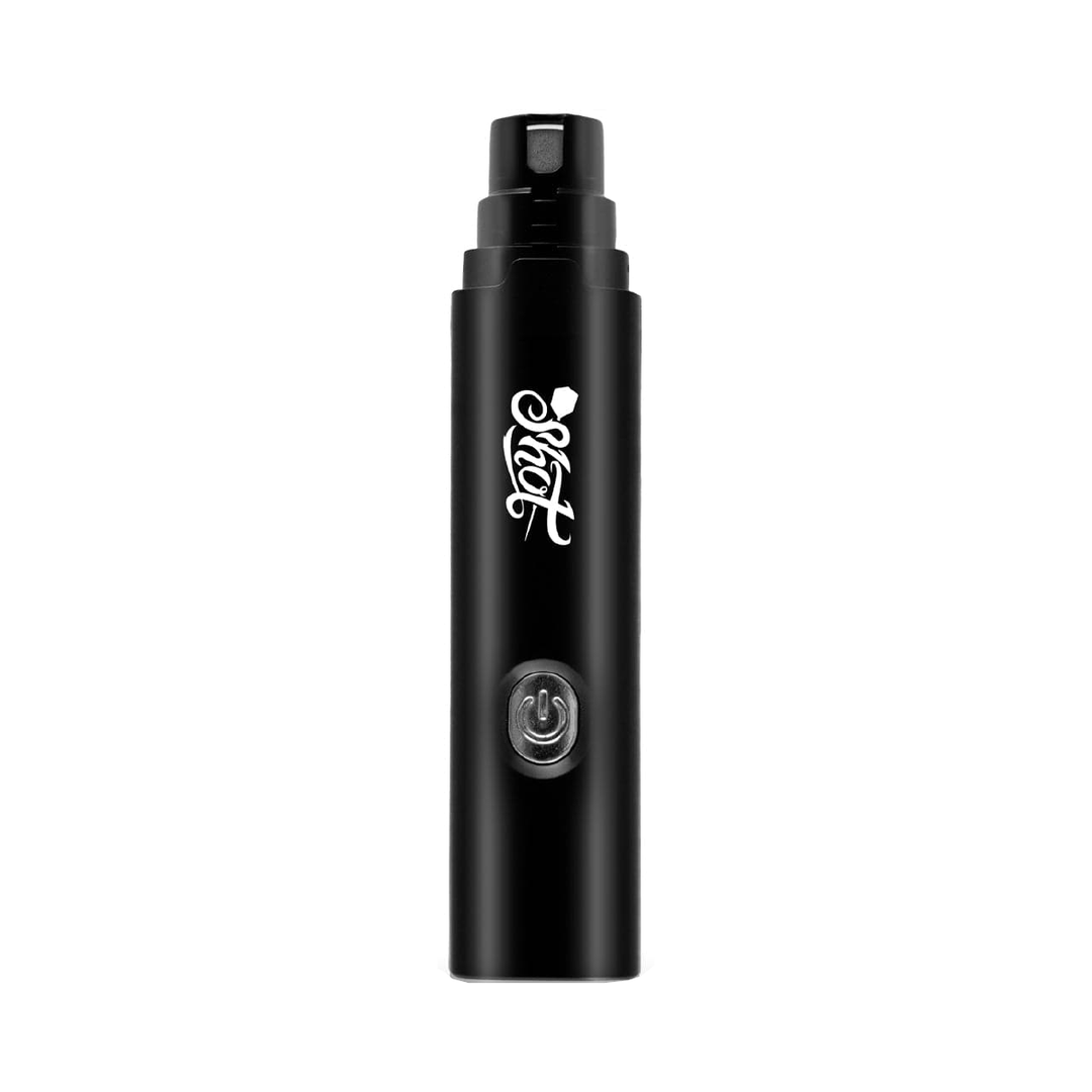 Shot Turbo motorised dart sharpener SM0126; one complete black sharpener on white, with its actual printed Shot logo.