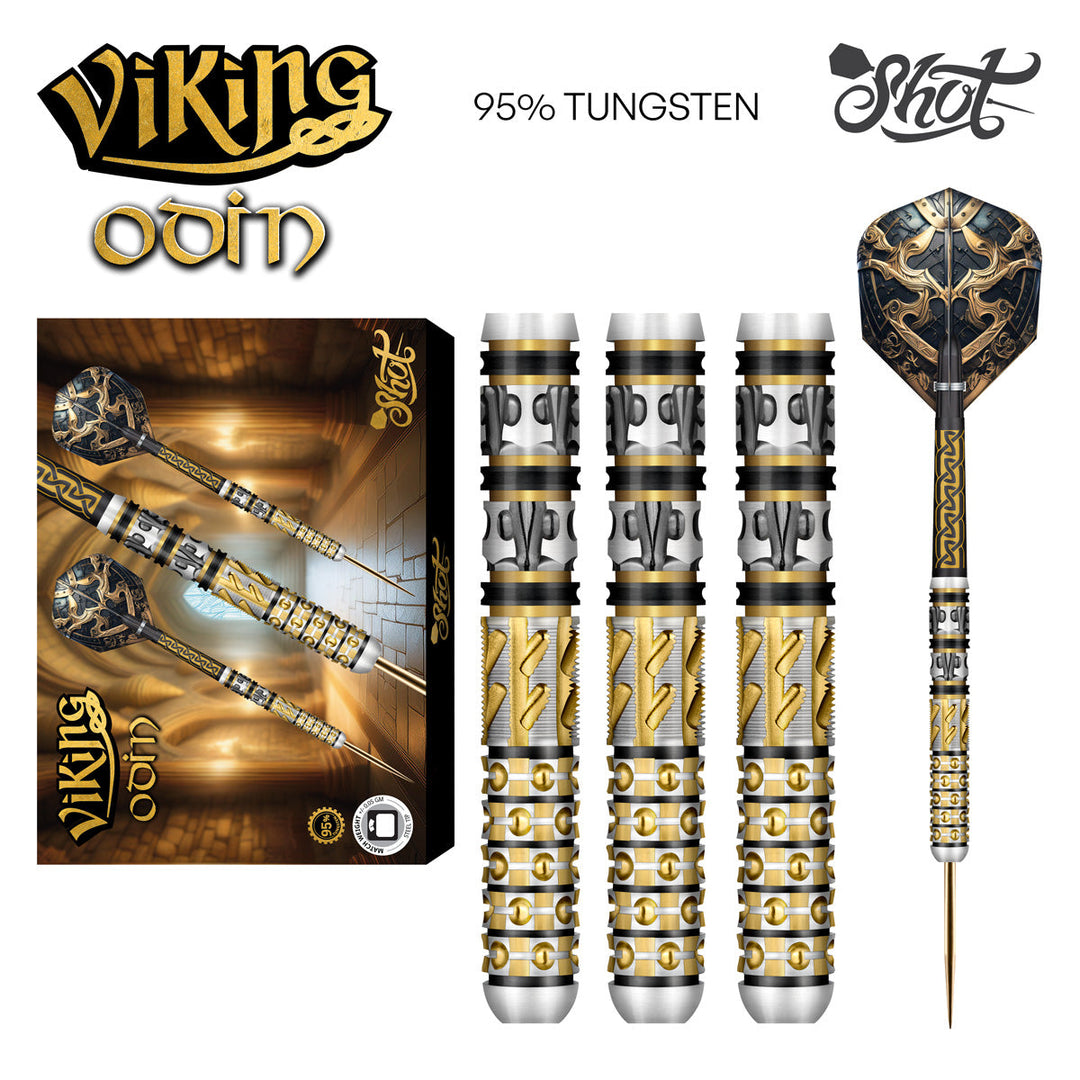 Shot Viking Odin Steel Tip Darts 95% Tungsten — set contents and packaging