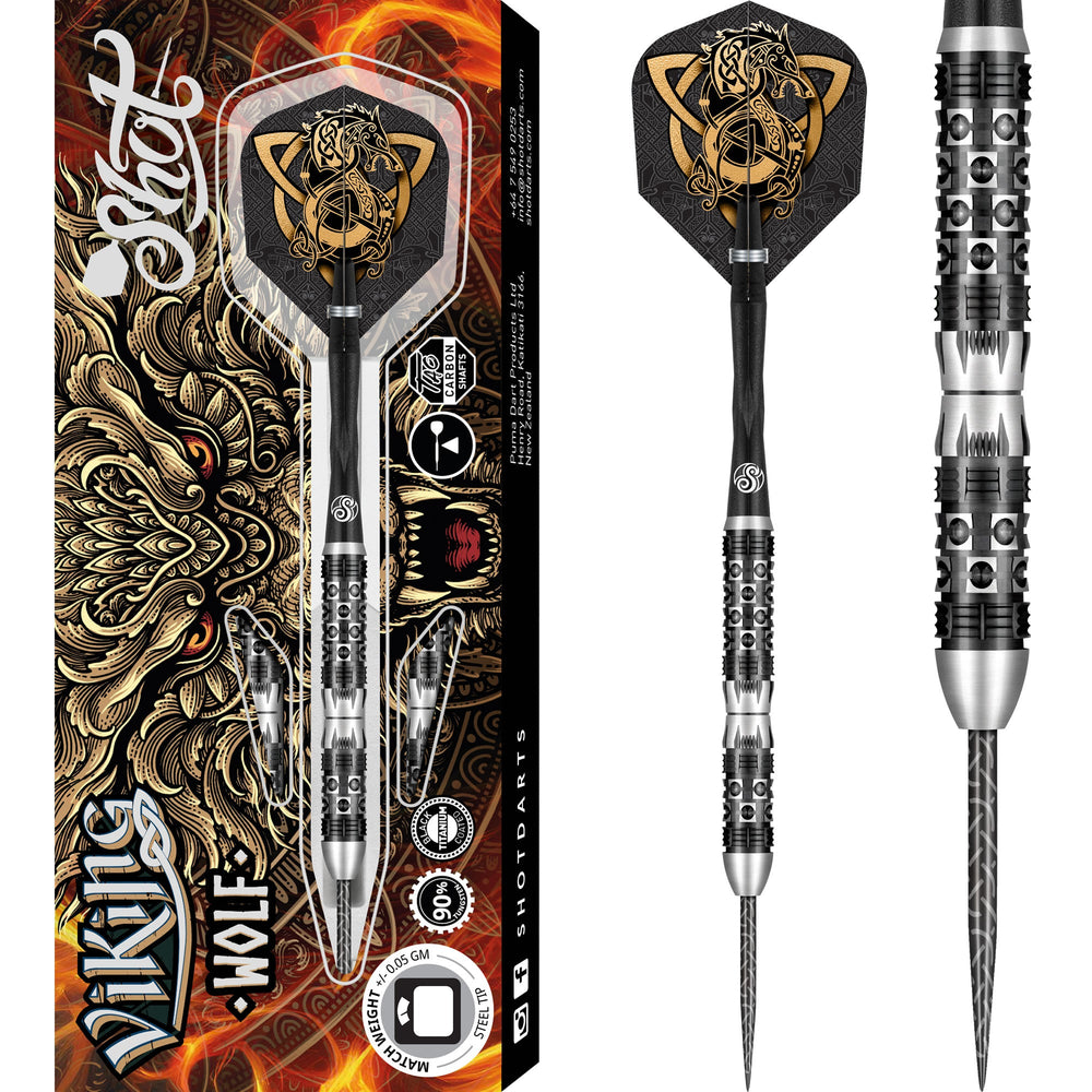 Shot Viking Wolf Steel Tip Darts 90% Tungsten — dart, barrel detail and packaging