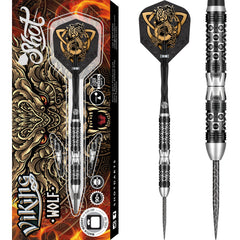 Shot Viking Wolf Steel Tip Darts 90% Tungsten — dart, barrel detail and packaging