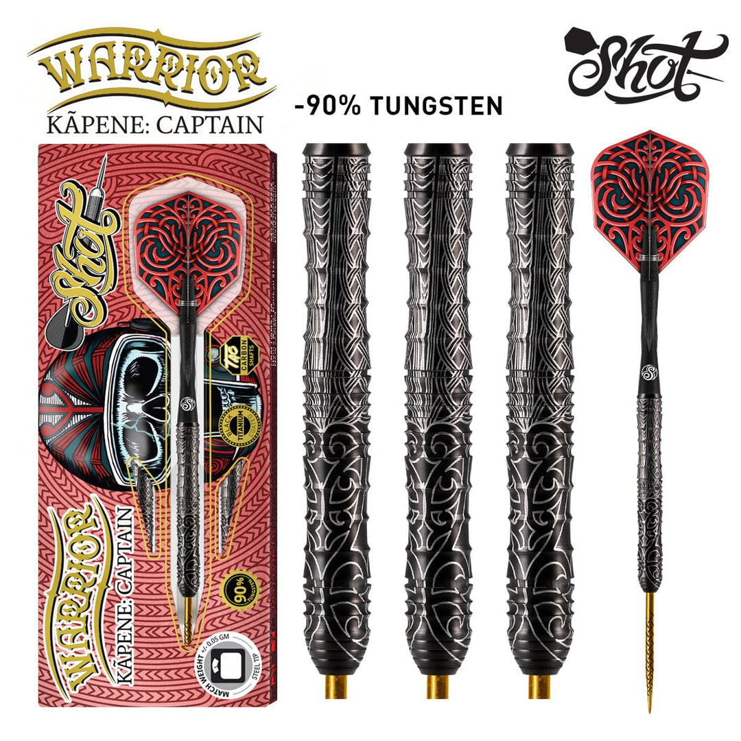 Shot Warrior Kapene Captain Steel Tip Darts 90% Tungsten — set contents and packaging