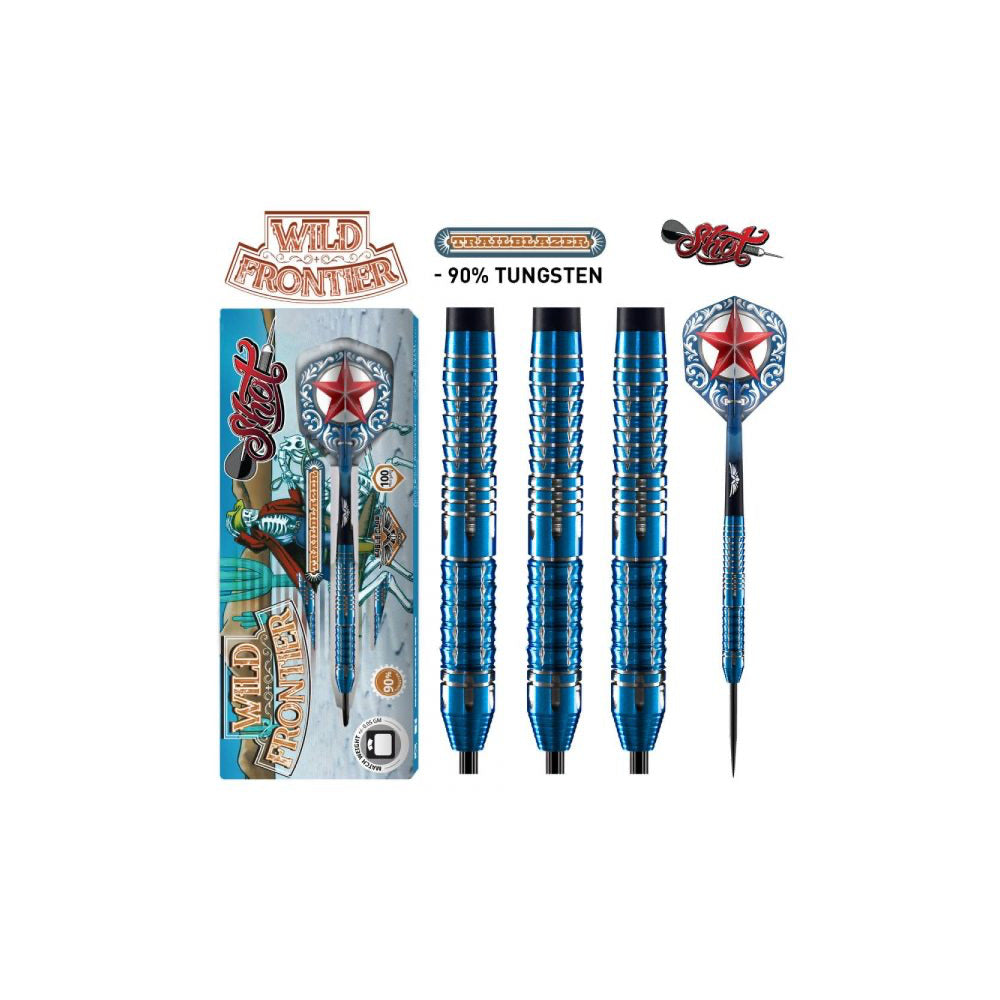 Shot Wild Frontier Trailblazer 22g 90% tungsten steel tip darts set with packaging and barrel details