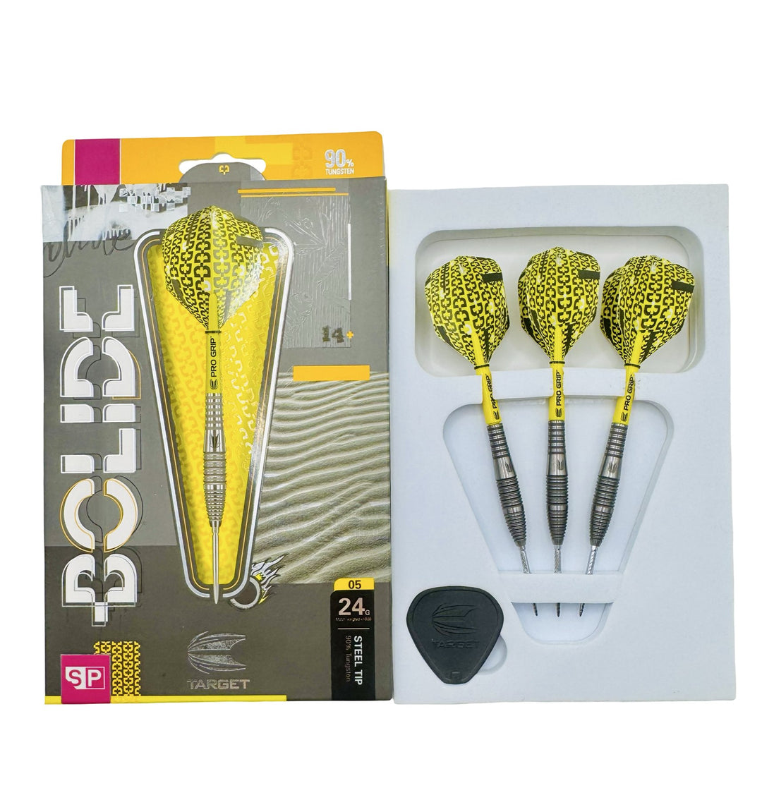 Used Target Bolide Model 05 SP 90% Tungsten 24g — darts and accessories in the display tray