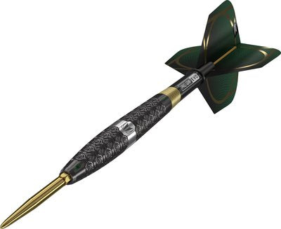 Target Cult 01 assembled dart with dark barrel, gold point and green flight