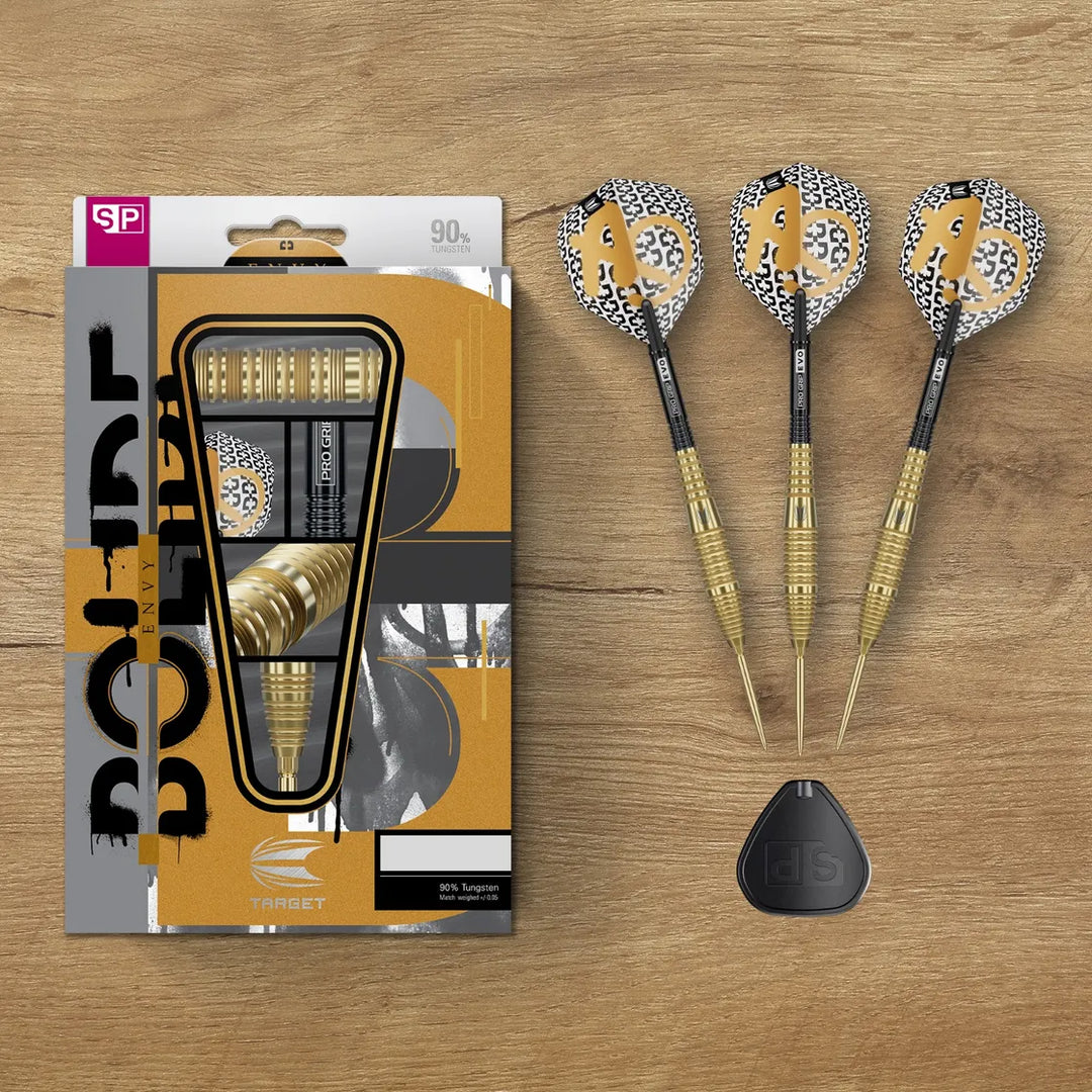 Bolide Envy 05 Steel Tip Darts – three assembled darts, point tool and packaging on a wooden surface