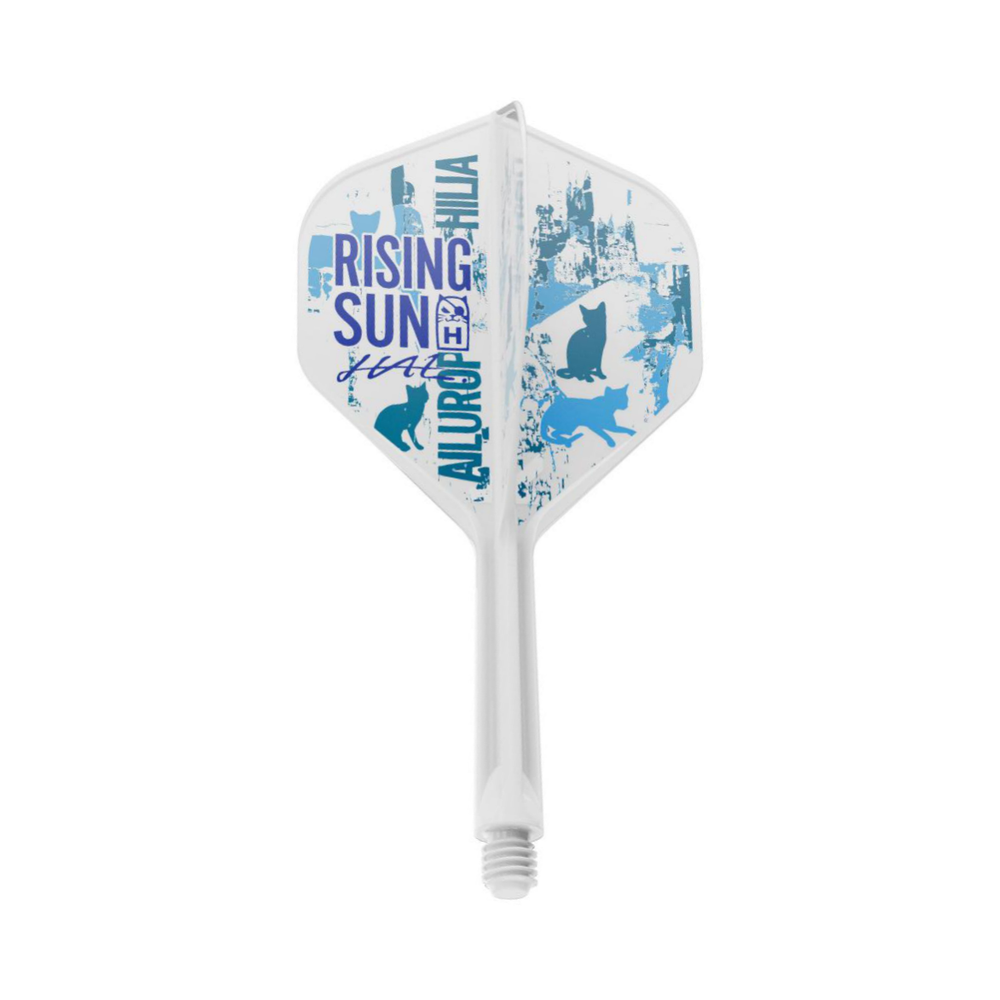 Target Haruki Muramatsu Rising Sun integrated flight and shaft, one white and blue cat design shown on white.
