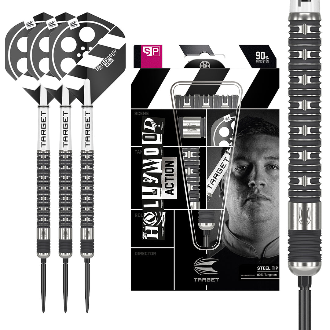 Target Hollywood Action Steel Tip Darts 90% Tungsten — set contents and packaging