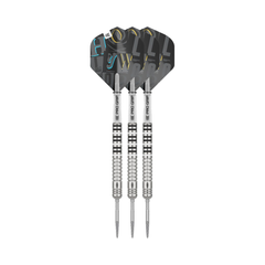 Target Hollywood G1 steel-tip darts, three assembled darts with flights, shafts and points on a white background.