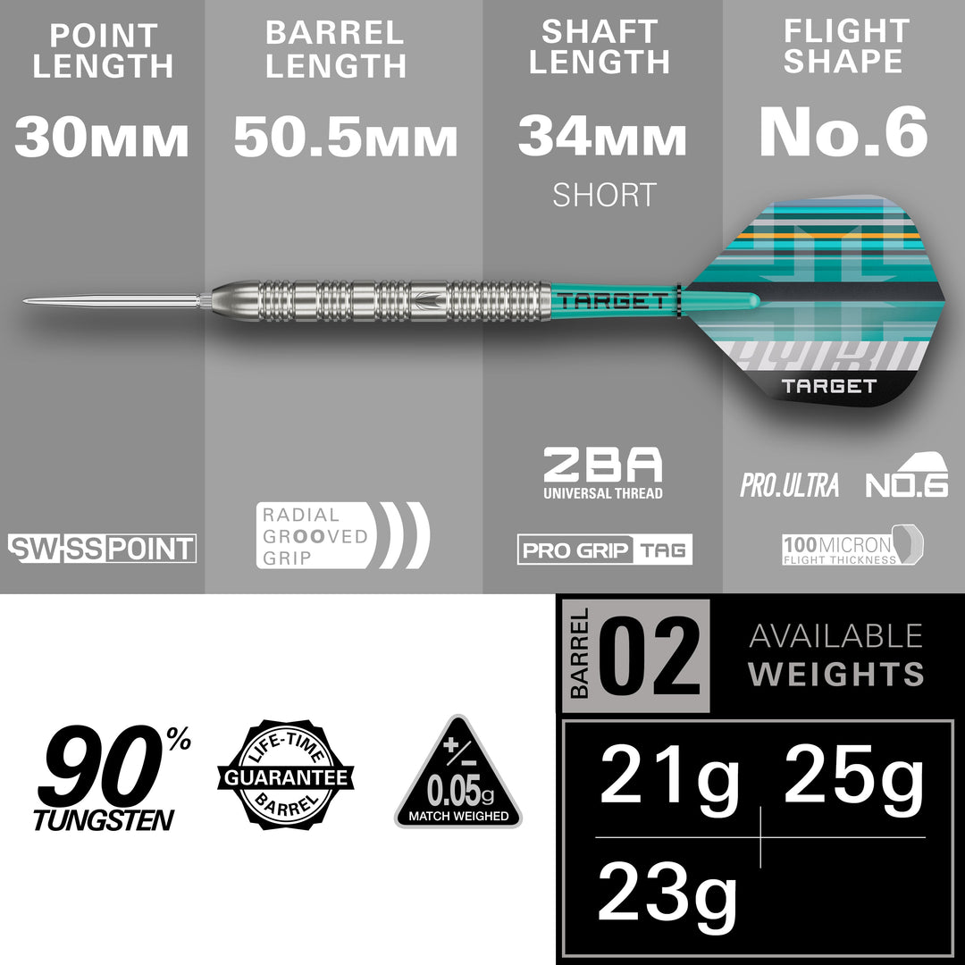 Target Hydro 02 Steel Tip Darts 90% Tungsten — dart and barrel dimensions chart