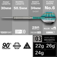 Target Hydro 03 Steel Tip Darts 90% Tungsten — dart and barrel dimensions chart
