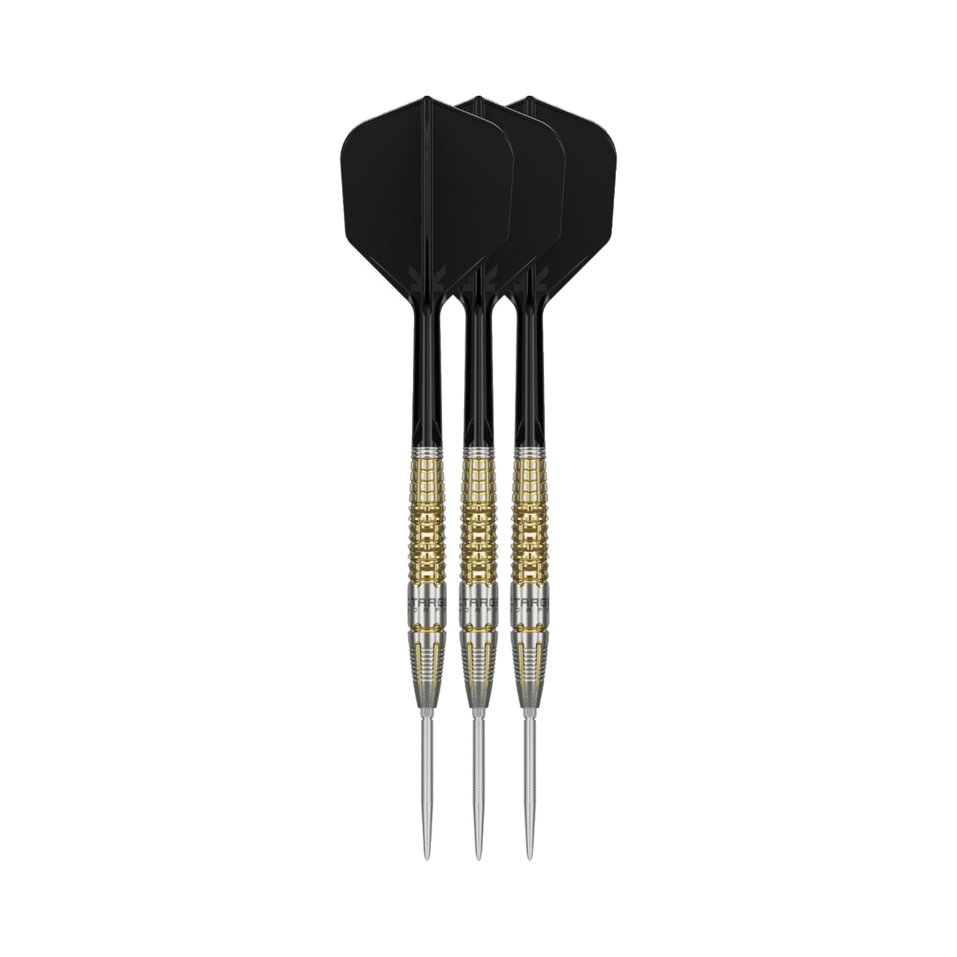 Target Japan Black Marque Warrior 25g steel-tip darts, three assembled darts with flights, shafts and points on a white background.