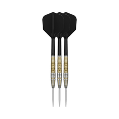 Target Japan Black Marque Warrior 25g steel-tip darts, three assembled darts with flights, shafts and points on a white background.