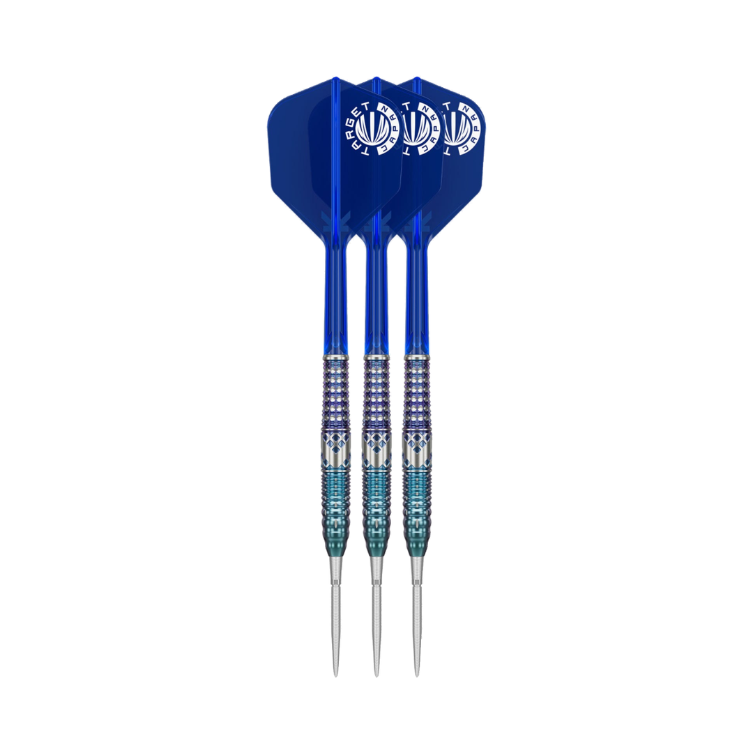 Target Japan Charis G5 24g steel-tip darts, three assembled darts with flights, shafts and points on a white background.