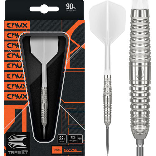Target Japan Crux Courage Steel Tip Darts 90% Tungsten — dart, barrel detail and packaging