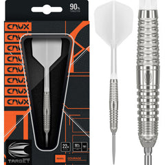 Target Japan Crux Courage Steel Tip Darts 90% Tungsten — dart, barrel detail and packaging