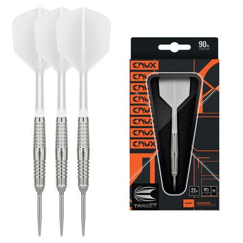 Target Japan Crux Courage Steel Tip Darts 90% Tungsten — set contents and packaging