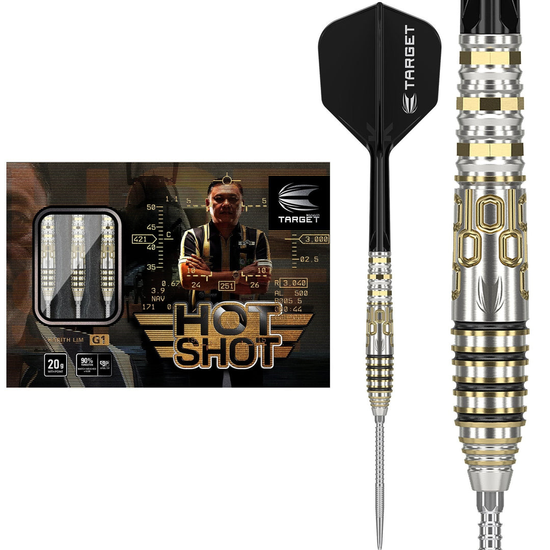 Harith Lim Hot Shot G1 Steel Tip Darts 90% Tungsten — dart, barrel detail and packaging